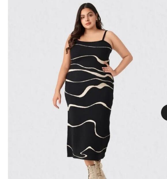 Cider Dresses & Skirts - Cider Knit Bodycon Tank Midi Dress 3XL Black and Cream Swirl Zebra Marble Print